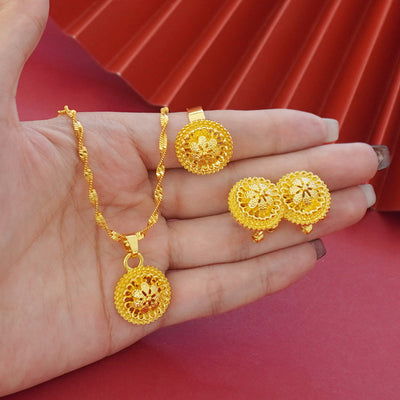 Landscape Middle East Flower Design Gold-plated Necklace Pendant Earring Ring Jewelry Suit - Evans creations LLC