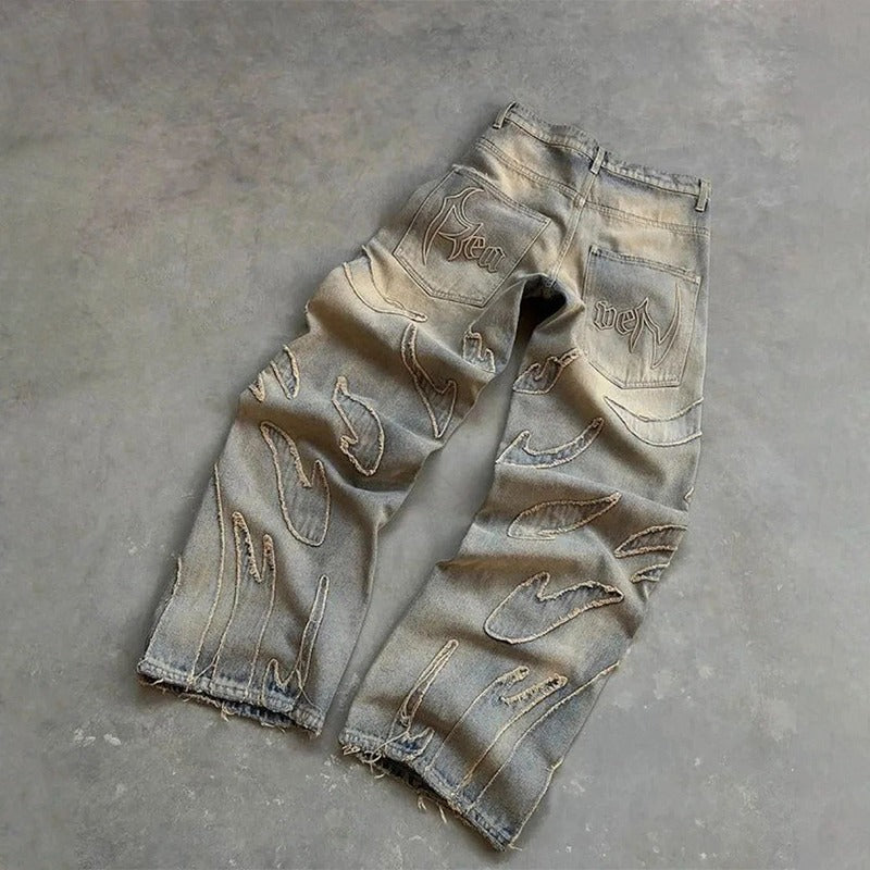 Retro Bat Pattern Lazy Embroidered Loose Jeans - Evans creations LLC