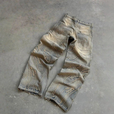 Retro Bat Pattern Lazy Embroidered Loose Jeans - Evans creations LLC