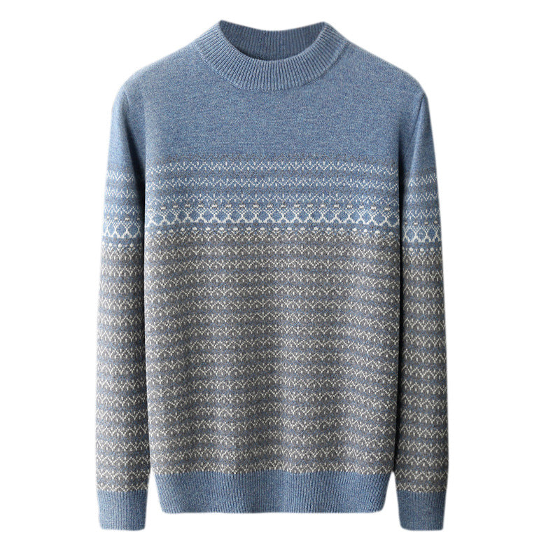Men's Pure Wool Sweater Loose-fitting Casual Round-neck Color Matching - Evans creations LLC