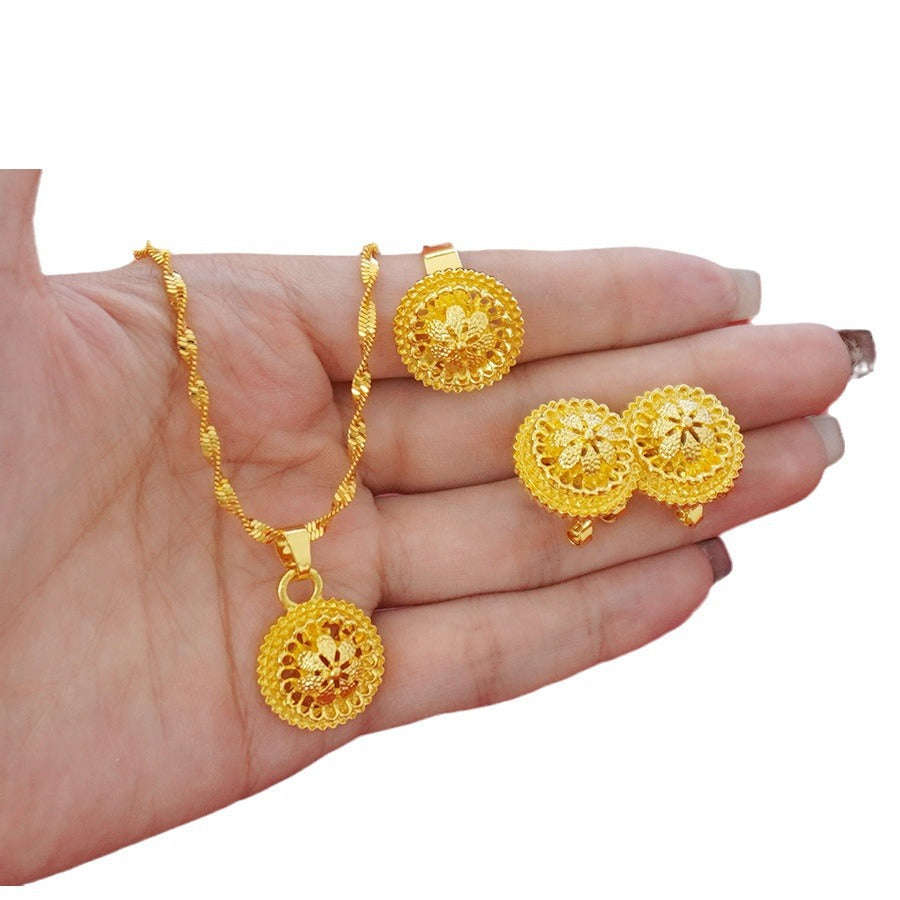 Landscape Middle East Flower Design Gold-plated Necklace Pendant Earring Ring Jewelry Suit - Evans creations LLC