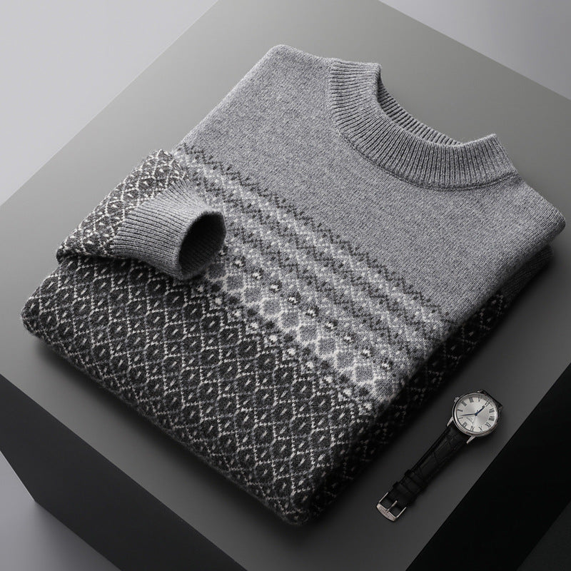 Men's Pure Wool Sweater Loose-fitting Casual Round-neck Color Matching - Evans creations LLC