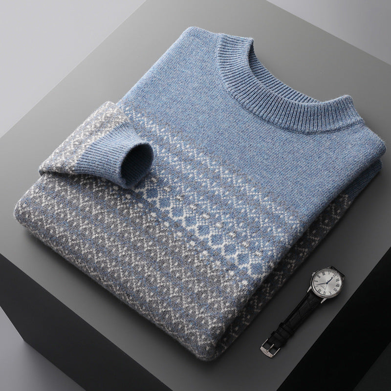 Men's Pure Wool Sweater Loose-fitting Casual Round-neck Color Matching - Evans creations LLC
