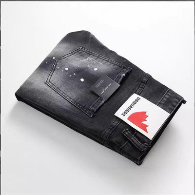 Black And Gray Paint Hole Zipper Decorations Personality Jeans Men - Evans creations LLC