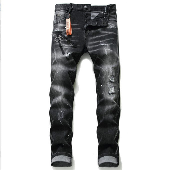 Black And Gray Paint Hole Zipper Decorations Personality Jeans Men - Evans creations LLC