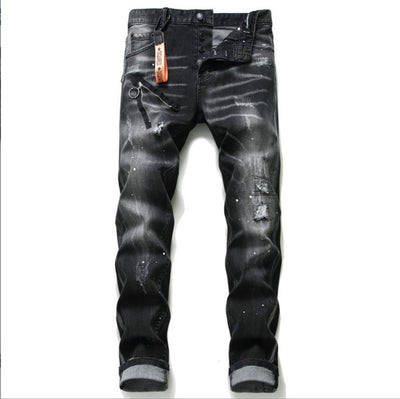 Black And Gray Paint Hole Zipper Decorations Personality Jeans Men - Evans creations LLC