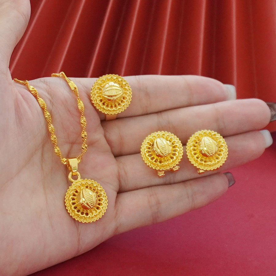 Landscape Middle East Flower Design Gold-plated Necklace Pendant Earring Ring Jewelry Suit - Evans creations LLC