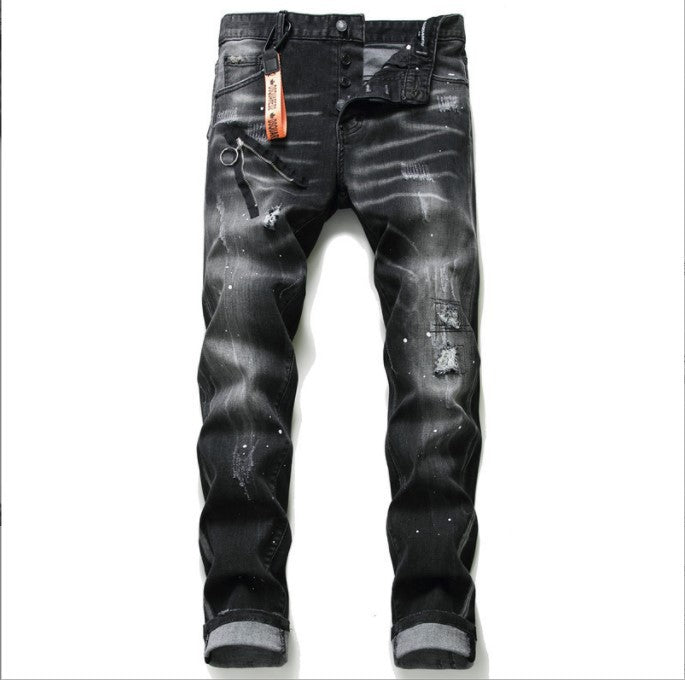 Black And Gray Paint Hole Zipper Decorations Personality Jeans Men - Evans creations LLC