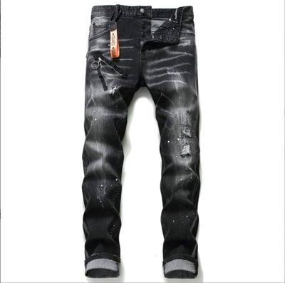 Black And Gray Paint Hole Zipper Decorations Personality Jeans Men - Evans creations LLC