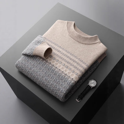 Men's Pure Wool Sweater Loose-fitting Casual Round-neck Color Matching - Evans creations LLC