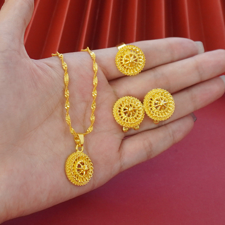 Landscape Middle East Flower Design Gold-plated Necklace Pendant Earring Ring Jewelry Suit - Evans creations LLC