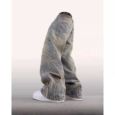 Retro Bat Pattern Lazy Embroidered Loose Jeans - Evans creations LLC