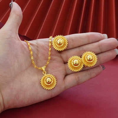 Landscape Middle East Flower Design Gold-plated Necklace Pendant Earring Ring Jewelry Suit - Evans creations LLC