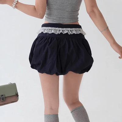 Lace Edge Elastic Waistband Lace-up Loose Shorts For Women - Evans creations LLC