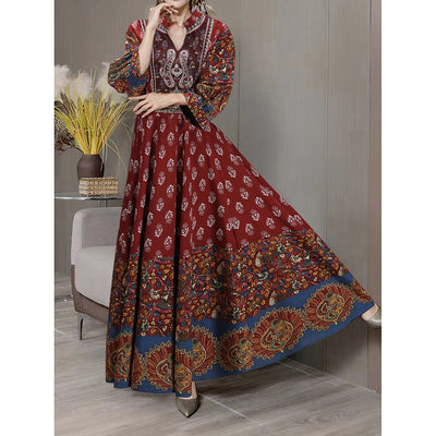 Women's Bohemian 3 4 Sleeve Floral Swing Dress Ethnic Embroidery Notched Neck Big Swing Dress - Evans creations LLC