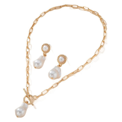 Retro Baroque Pearl Pendant Necklace Ear Stud 2-piece Set - Evans creations LLC