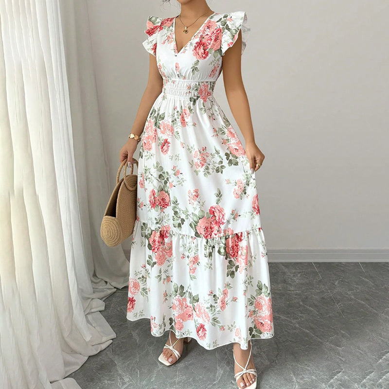 Womens Casual Summer Maxi Dress Flutter Short Sleeve V Neck Smocked A Line Flowy Beach Vacation Long Dresses - Evans creations LLC
