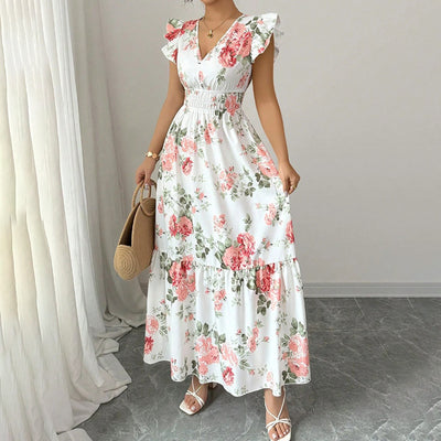 Womens Casual Summer Maxi Dress Flutter Short Sleeve V Neck Smocked A Line Flowy Beach Vacation Long Dresses - Evans creations LLC