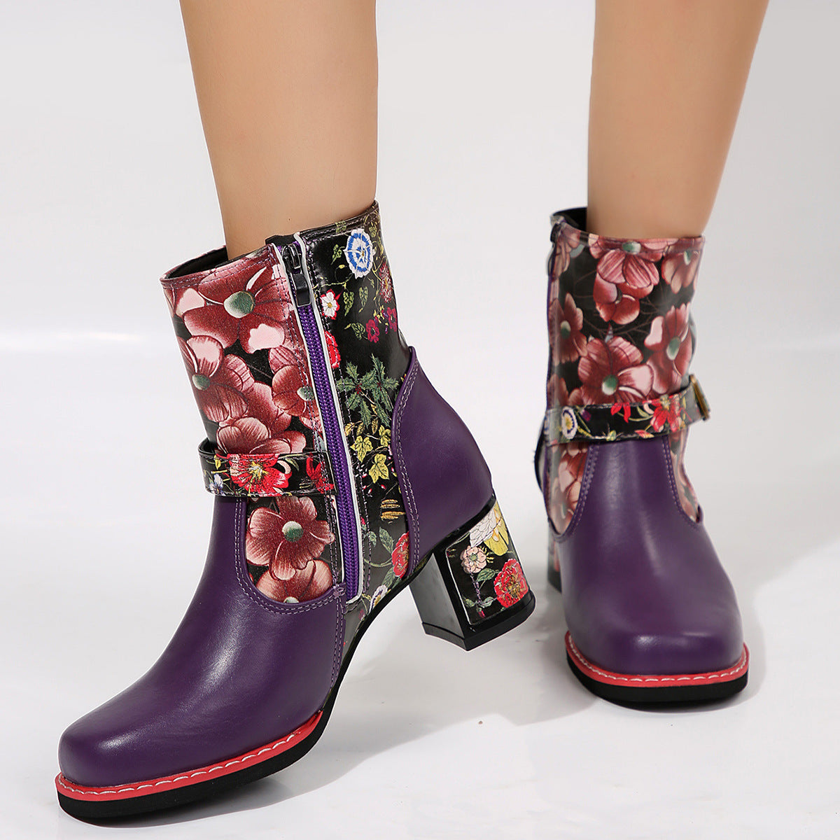 Women's Printed Stitching Round Head Thick Bottom Bootie - Evans creations LLC