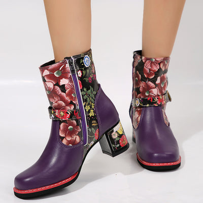 Women's Printed Stitching Round Head Thick Bottom Bootie - Evans creations LLC