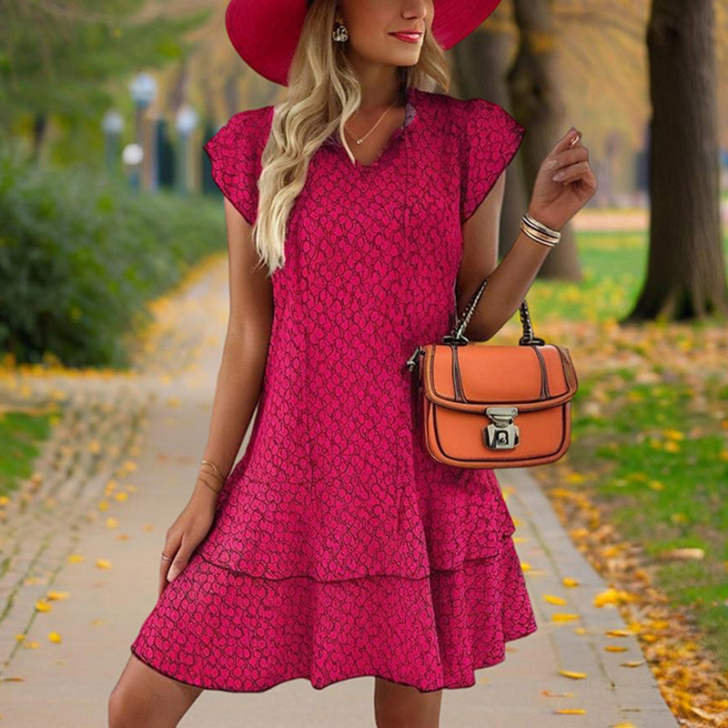 Women's Solid Color Print V-Neck Short Sleeve Dress - Summer Comfort Lace Trim Dress With Tie Detail - Evans creations LLC