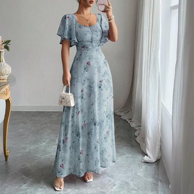 Women's Solid Color Square Neck Short Sleeve Butterfly Print Flowy Dress A-Line Summer Vacation Maxi Dress - Evans creations LLC