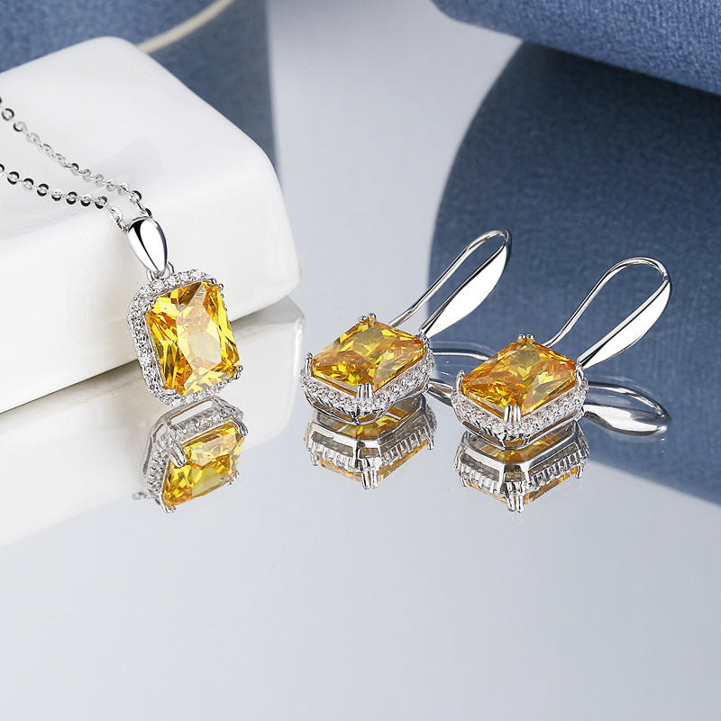 S925 Sterling Silver Princess Square Yellow Diamond Necklace Earrings - Evans creations LLC