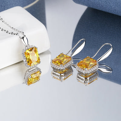 S925 Sterling Silver Princess Square Yellow Diamond Necklace Earrings - Evans creations LLC