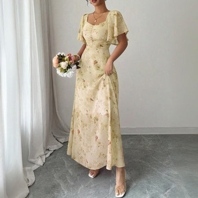 Women's Solid Color Square Neck Short Sleeve Butterfly Print Flowy Dress A-Line Summer Vacation Maxi Dress - Evans creations LLC