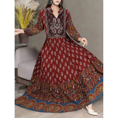Women's Bohemian 3 4 Sleeve Floral Swing Dress Ethnic Embroidery Notched Neck Big Swing Dress - Evans creations LLC