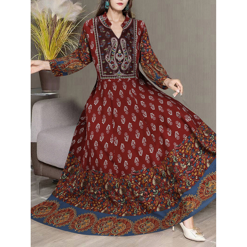 Women's Bohemian 3 4 Sleeve Floral Swing Dress Ethnic Embroidery Notched Neck Big Swing Dress - Evans creations LLC