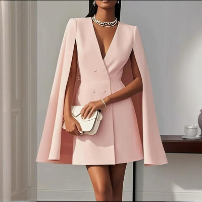 Women's Elegant Solid Color V Neck Double-Breasted Cape Blazer Dress Spring & Summer Party Banquet Outfit - Evans creations LLC