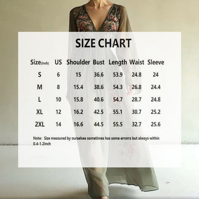 Women's Elegant V-Neck Green Floral Print A-Line Maxi Semi-Sheer Long Sleeve Spring&Summer Dress - Evans creations LLC