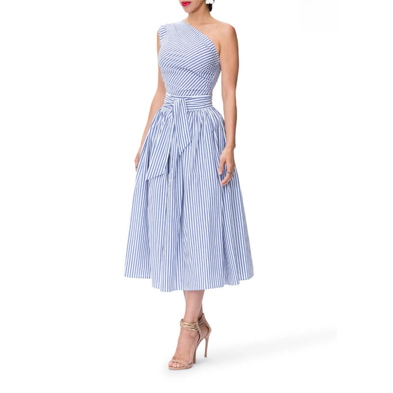 Women's Summer One Shoulder Striped Midi Dress Elegant Tie Waist Bodycon Dresses With Pockets - Evans creations LLC
