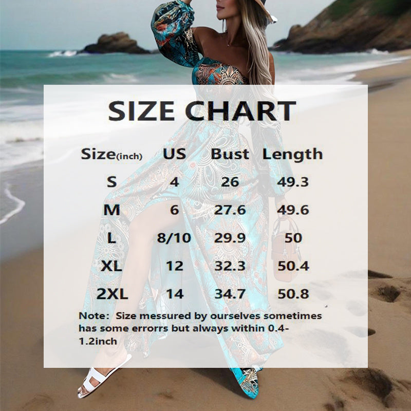 Women's Strapless Off-Shoulder Long Sleeve A-Line Dress - Bohemian Beach Maxi Dress With High Slit For Summer Vacation - Evans creations LLC