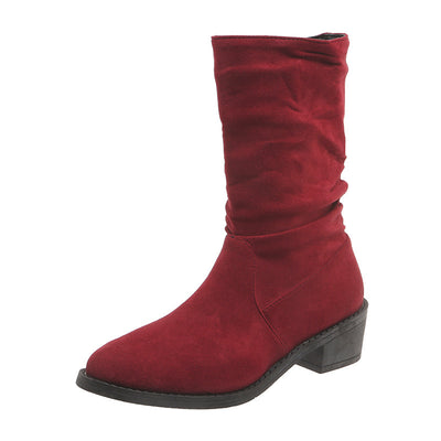 Large Size Thick Heel Pointed Toe Mid-calf Smoke Pipe Boots For Women - Evans creations LLC