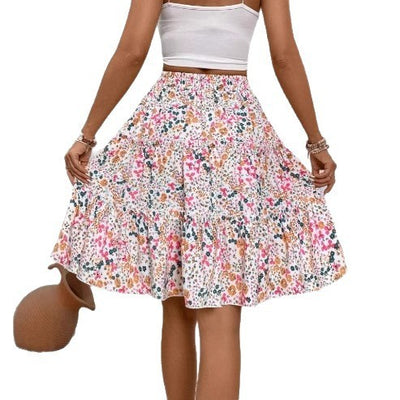 Floral Print Stretch Waist Skirt Knee Layered Hem A- Line Skirt - Evans creations LLC