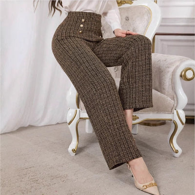 Versatile Classic Style Plaid Double-breasted Tweed High Waist Slimming Wide-leg Pants - Evans creations LLC