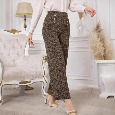 Versatile Classic Style Plaid Double-breasted Tweed High Waist Slimming Wide-leg Pants - Evans creations LLC