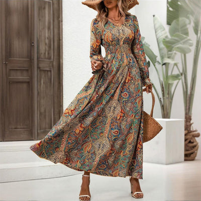 Women's V-Neck Retro Geometric Print Flounce Sleeve Dress - A-Line Maxi Dress With Smocked Waist For Spring&Summer - Evans creations LLC