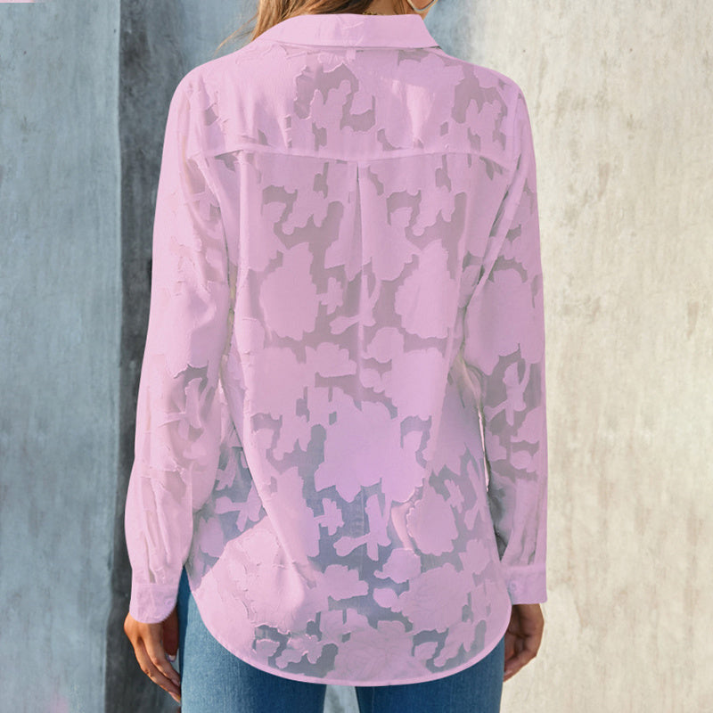 Womens Casual Sheer Button Down Shirts Long Sleeve V Neck Jacquard Blouses Tops - Evans creations LLC