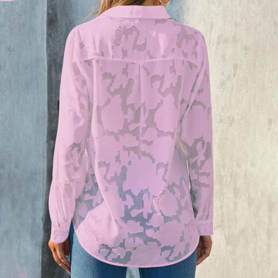 Womens Casual Sheer Button Down Shirts Long Sleeve V Neck Jacquard Blouses Tops - Evans creations LLC