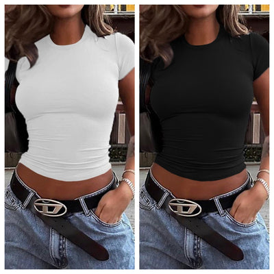Spring And Summer Solid Color Top Waist Trimming Short Slim Fit Midriff-baring T-shirt - Evans creations LLC