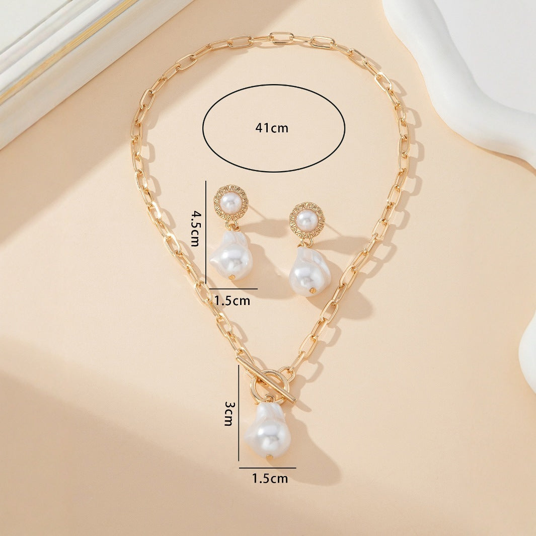 Retro Baroque Pearl Pendant Necklace Ear Stud 2-piece Set - Evans creations LLC