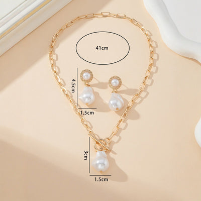 Retro Baroque Pearl Pendant Necklace Ear Stud 2-piece Set - Evans creations LLC
