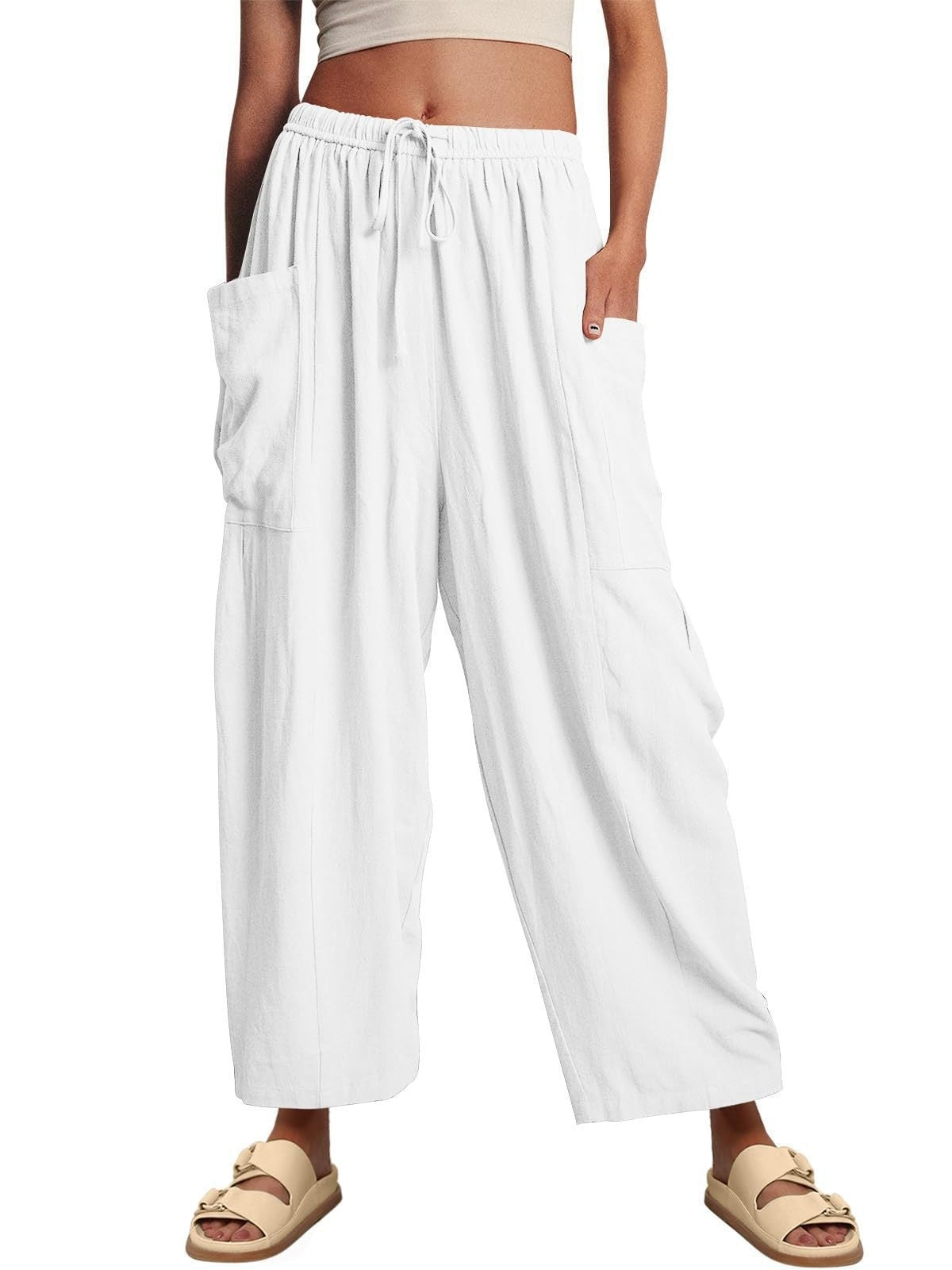 Stretched-waist Pleated High-waisted Wide-leg Loose Casual Cotton And Linen Long Pants - Evans creations LLC