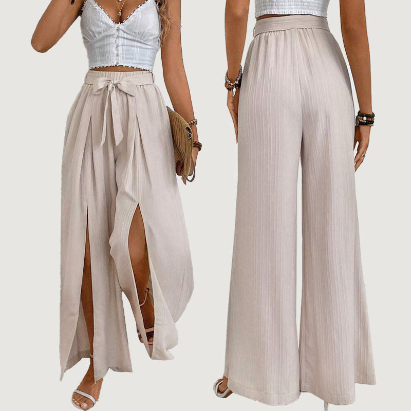 High Waist Wide Leg Women's Fashion Loose Lace-up Slit Casual Pants - Evans creations LLC