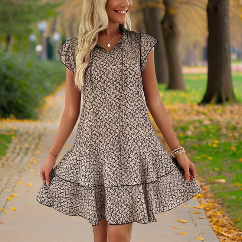 Women's Solid Color Print V-Neck Short Sleeve Dress - Summer Comfort Lace Trim Dress With Tie Detail - Evans creations LLC
