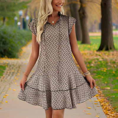 Women's Solid Color Print V-Neck Short Sleeve Dress - Summer Comfort Lace Trim Dress With Tie Detail - Evans creations LLC