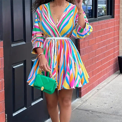 Women's V-Neck Rainbow Stripe Short Dress Three Quarters Sleeve Casual Summer Sundress With Tie Waist - Evans creations LLC